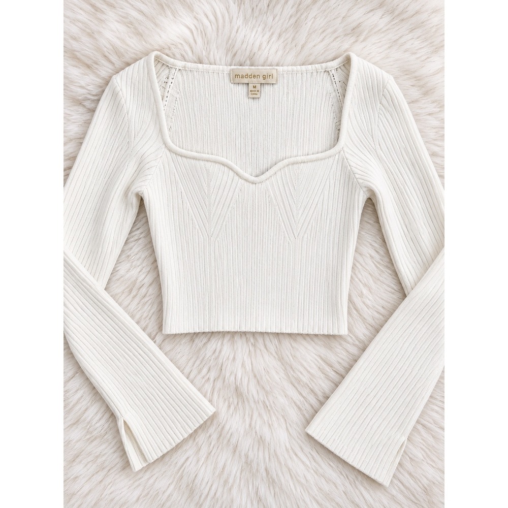 Madden Girl Ribbed Sweetheart Neck Crop Top Cream Long Sleeve Medium